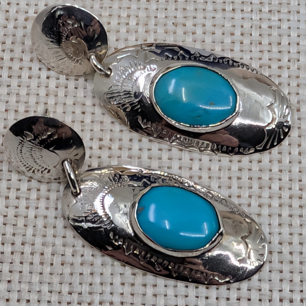 Vintage Handmade Sterling Silver Turquoise Stud Earrings | Florida Keys | 1.75”